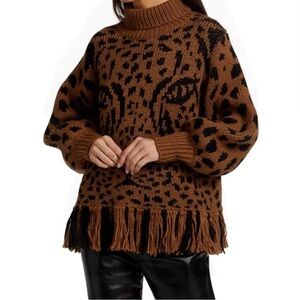 Farm Rio Midnight Leopard Turtleneck Fringe Sweater XS
